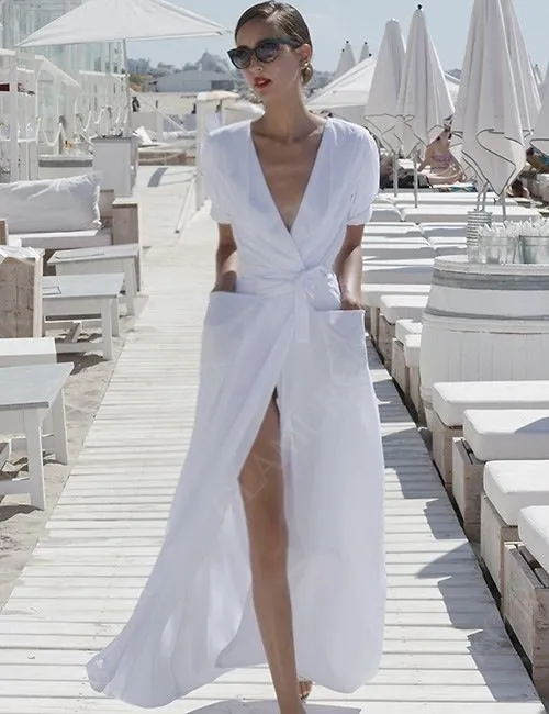 Длинное белое платье из крепа с юбкой