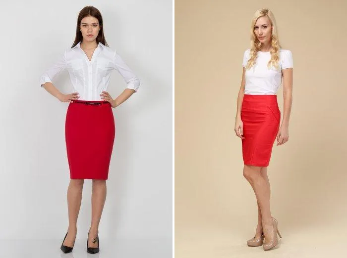 Красные юбки-карандаши с белой блузкой