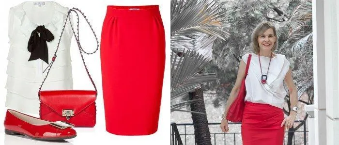 Красная юбка-карандаш с белой блузкой