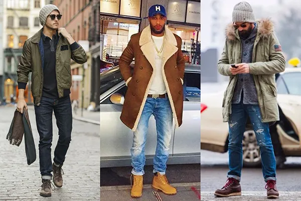 Зимние образы в коричневых мужских ботинках