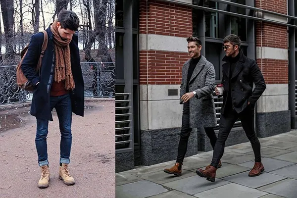 Мужчины в коричневых сапогах и пальто