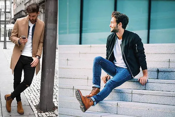 Легкая мода на повседневные образы с коричневыми мужскими ботинками.