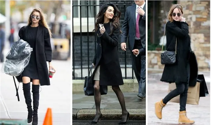 Различные модели в черных пальто.