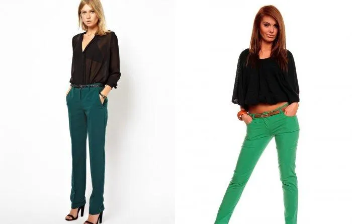 Черная блузка и зеленые брюки