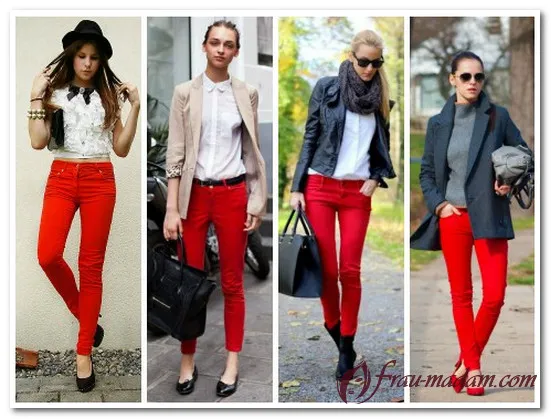 Что носить с красными джинсами
