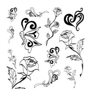 Татуировка розы с сердечками и бабочками