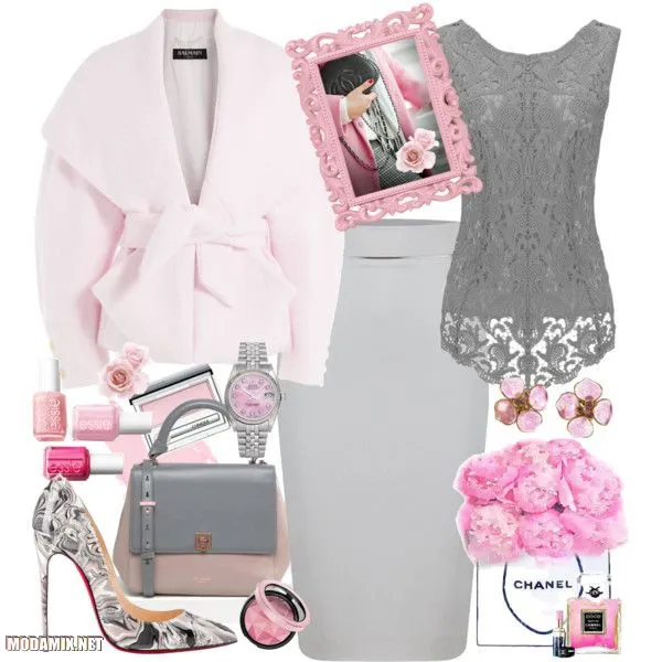 Что носить с серой юбкой-карандашом - фото вариантов с розовым пальто