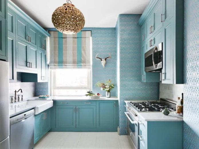 Дизайн интерьера голубой кухни