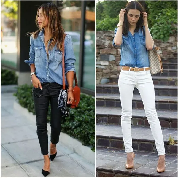 Джинсовая рубашка и узкие джинсы - идеальный образ