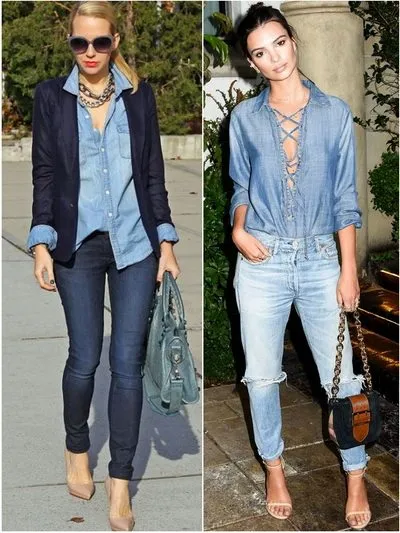 Сравните джинсовую рубашку и джинсы с пиджаком или без него. Первый образ более строгий, второй - более повседневный.