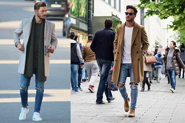 Мужское пальто с рваными джинсами