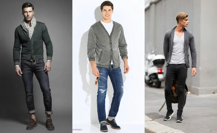 Фотография мужчины в джинсах, джемпере и футболке