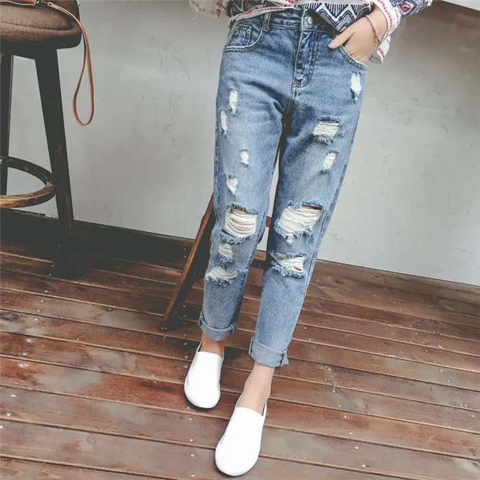 Женские рваные джинсы-бойфренды с высокой талией