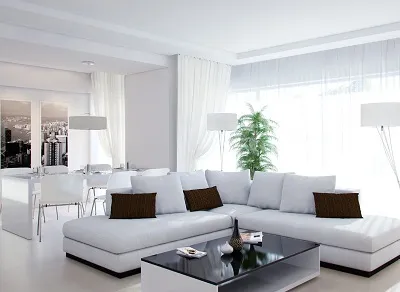 белые обои и белая мебель с элементами коричневого декора 
