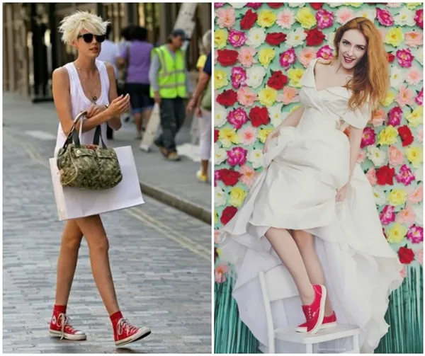 Белое платье и красные туфли - идеальный вариант.