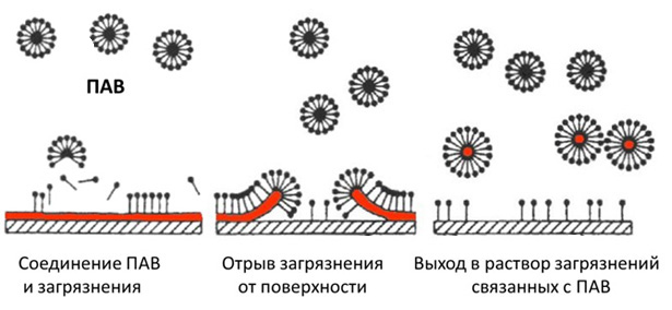 Принцип действия поверхностно-активных веществ (ПАВ) или сурфактантов